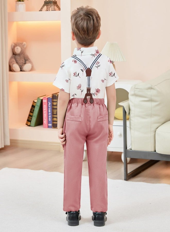 nilikastta Boys Wedding Outfit Toddler Boy Formal Outfit Pink Short Dress Shirt With Bowtie/Suspender Pants 3-4T. - Image 4